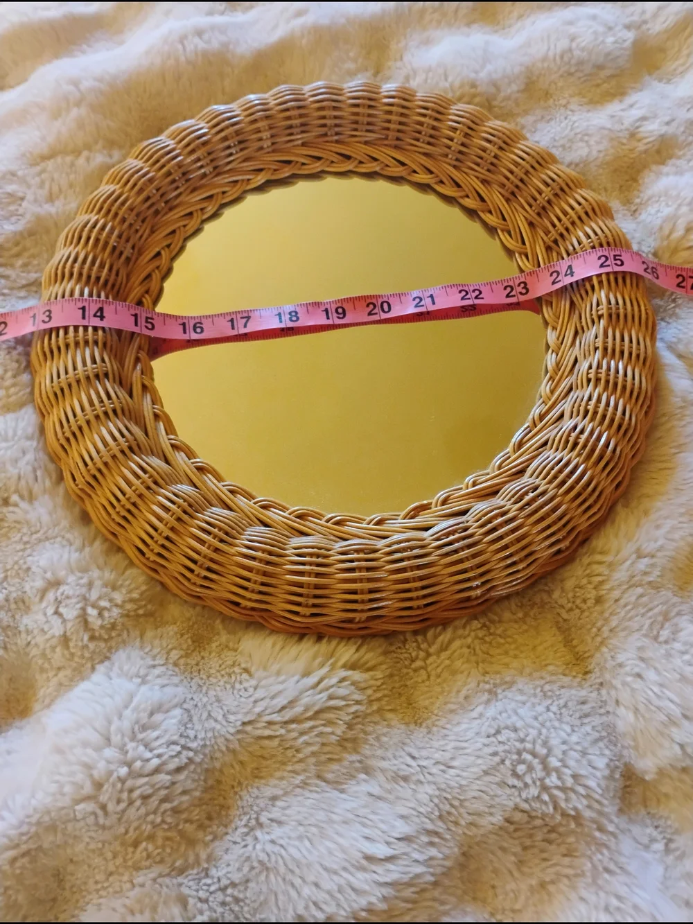 Vintage Beige Macramé Fringe Mirror and Natural Wicker Round Mirror